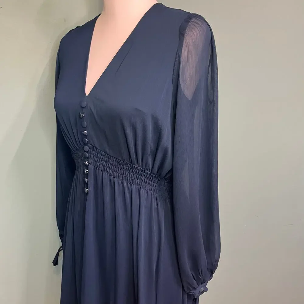 Taylor Navy Chiffon Boho Dress 8 Cottagecore Wedding Guest Romantic Aesthetic - Picture 6 of 9